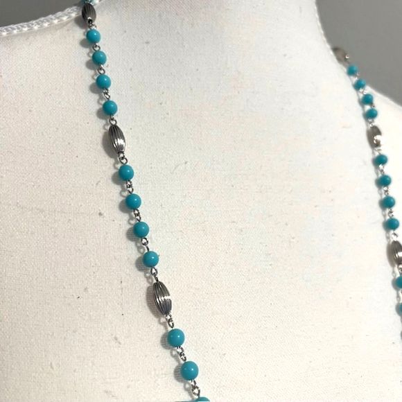 VTG Sarah Coventry Turquoise Blue Silver Fluted Wired Necklace - Picture 3 of 7